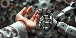Human hand and robotic arm in a thoughtful pose.