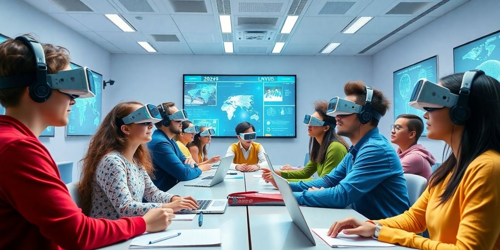 Students using AI tools in a modern classroom setting.