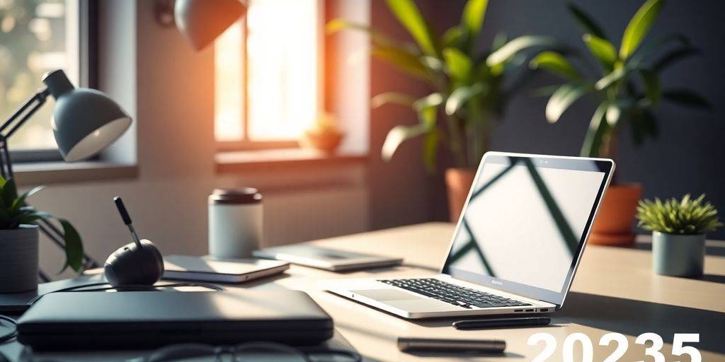 Modern workspace with technology and productivity tools.