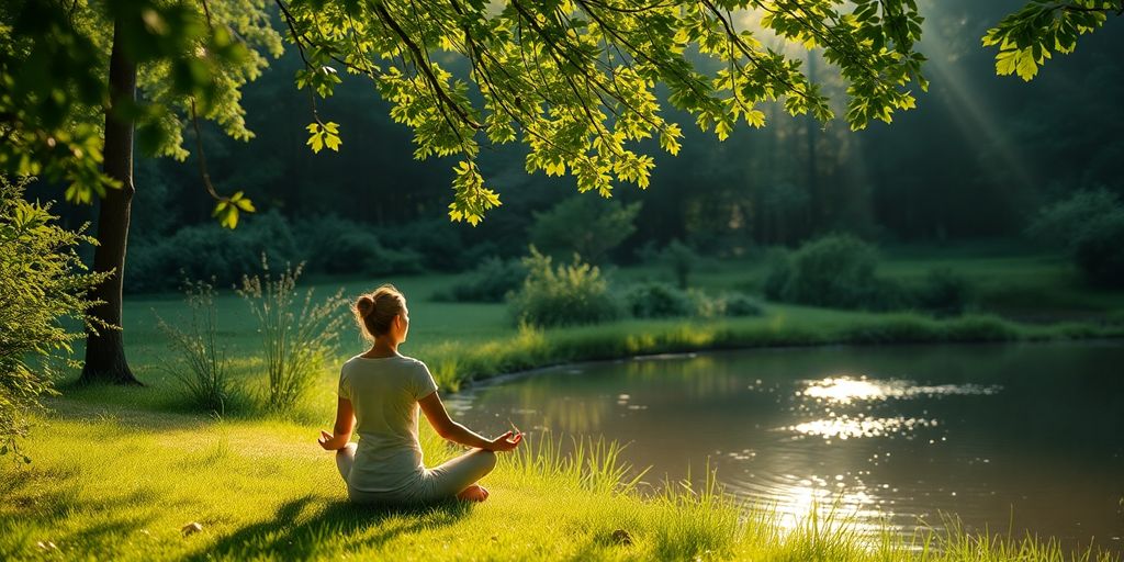 Person meditating in a peaceful nature setting.