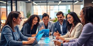 Diverse professionals collaborating with AI technology in an office.