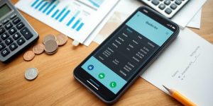 Smartphone with budgeting app on a wooden table.