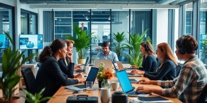 Diverse professionals collaborating in a modern remote office.