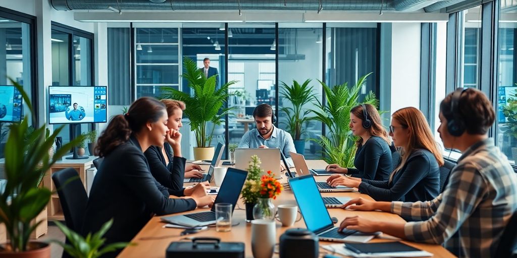 Diverse professionals collaborating in a modern remote office.