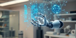Robotic arm, data, and glowing neural network connections.