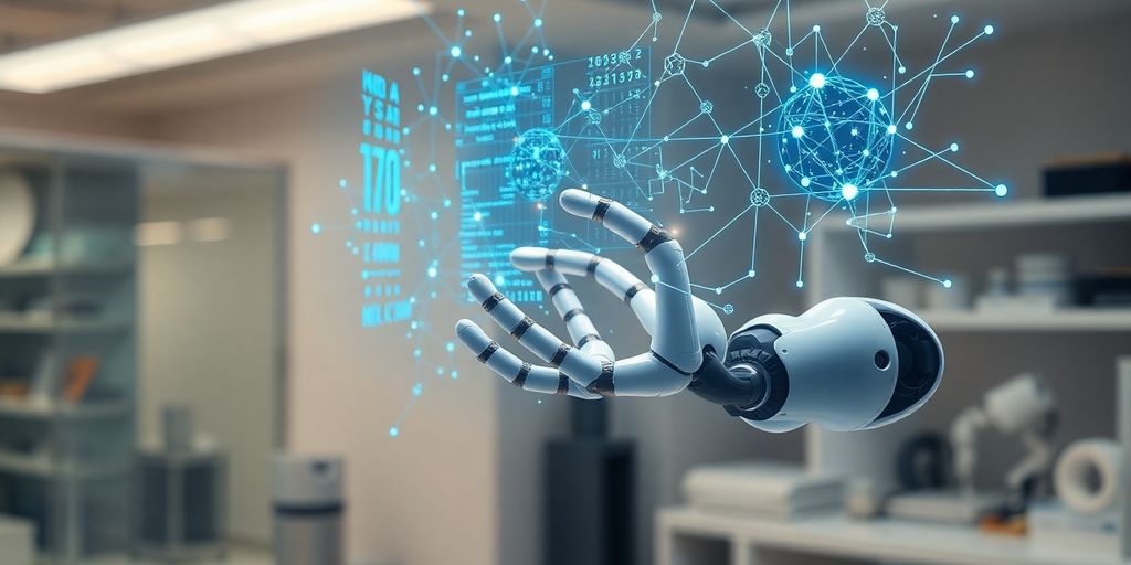 Robotic arm, data, and glowing neural network connections.