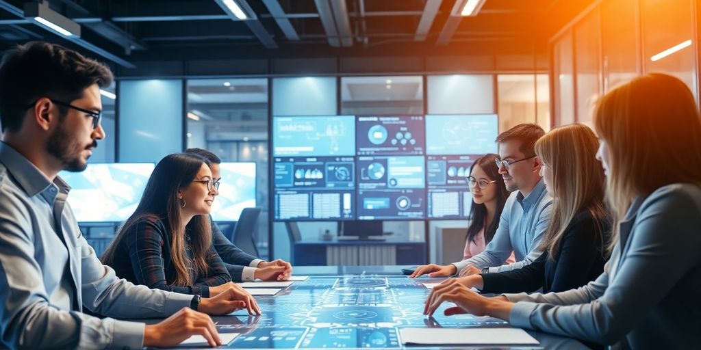 Diverse professionals collaborating in a high-tech office environment.