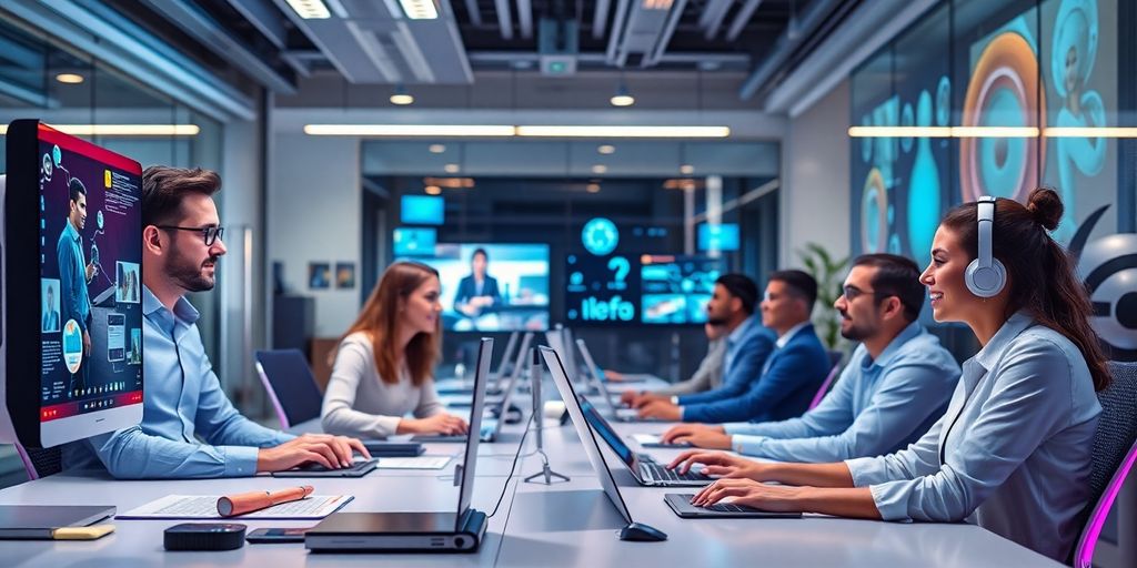 Futuristic remote work scene with professionals using advanced technology.