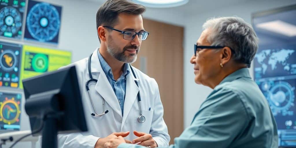 Doctor consulting patient with advanced medical technology present.
