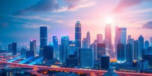 Futuristic city skyline with digital overlays and modern architecture.