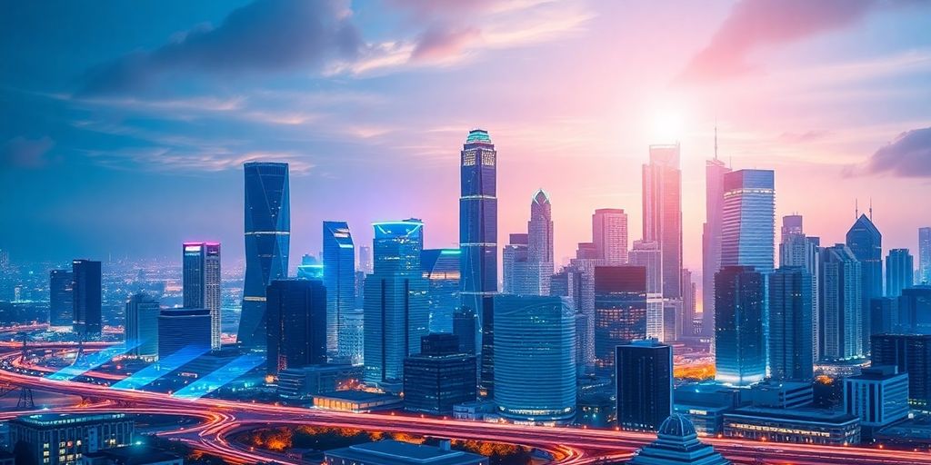 Futuristic city skyline with digital overlays and modern architecture.