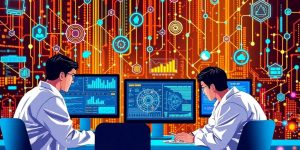 Data scientists collaborating with advanced AI technologies and visuals.