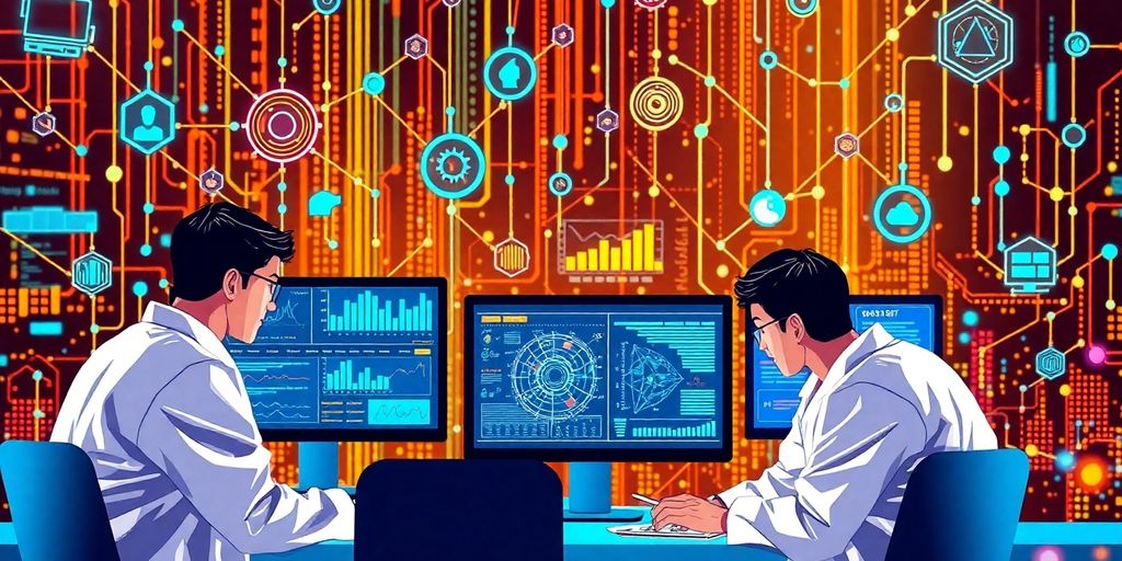 Data scientists collaborating with advanced AI technologies and visuals.