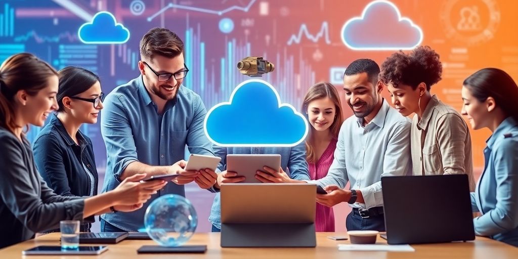 Teamwork in a modern workspace with technology and cloud imagery.