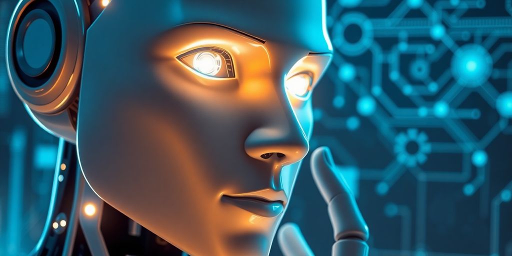 Humanoid robot pondering with digital interface background.