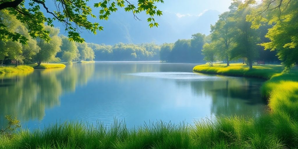 Calm lake in a peaceful green setting.