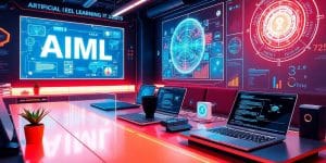 Futuristic workspace with advanced AIML tools and technology.