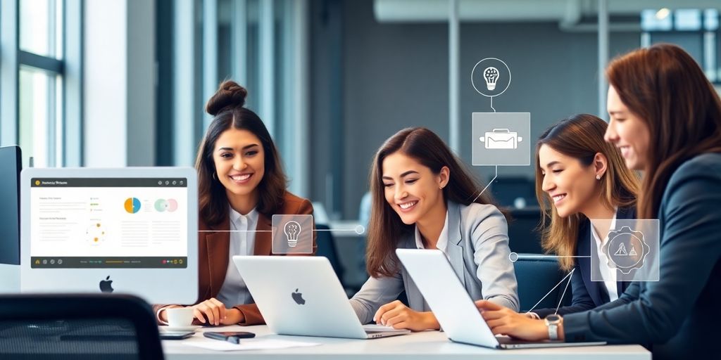 Diverse professionals using AI tools in a modern office.