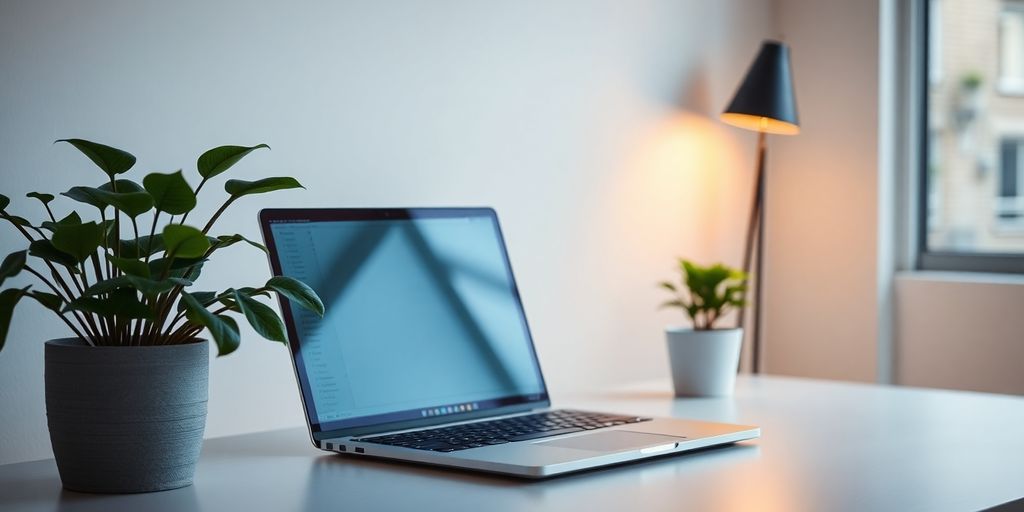A peaceful workspace with technology and nature elements.