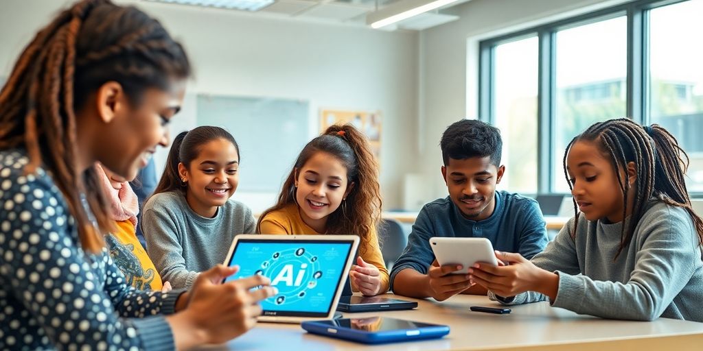 Students using AI tools in a modern classroom setting.