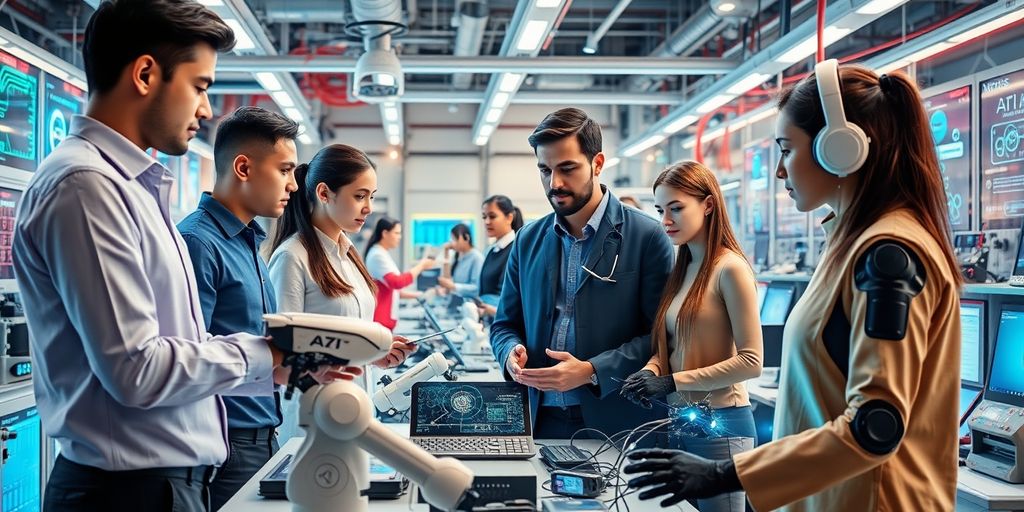 Diverse professionals collaborating with advanced AI technology in workspace.