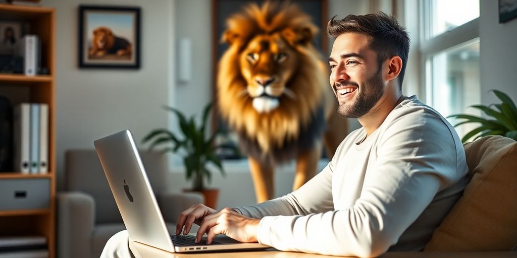 Person working remotely with a lion nearby