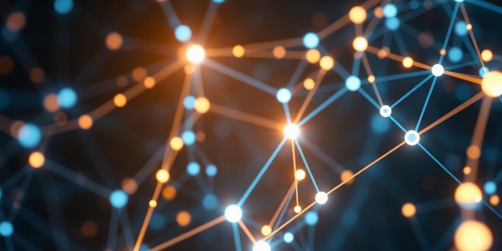 Bright data streams flowing through abstract machine learning components.