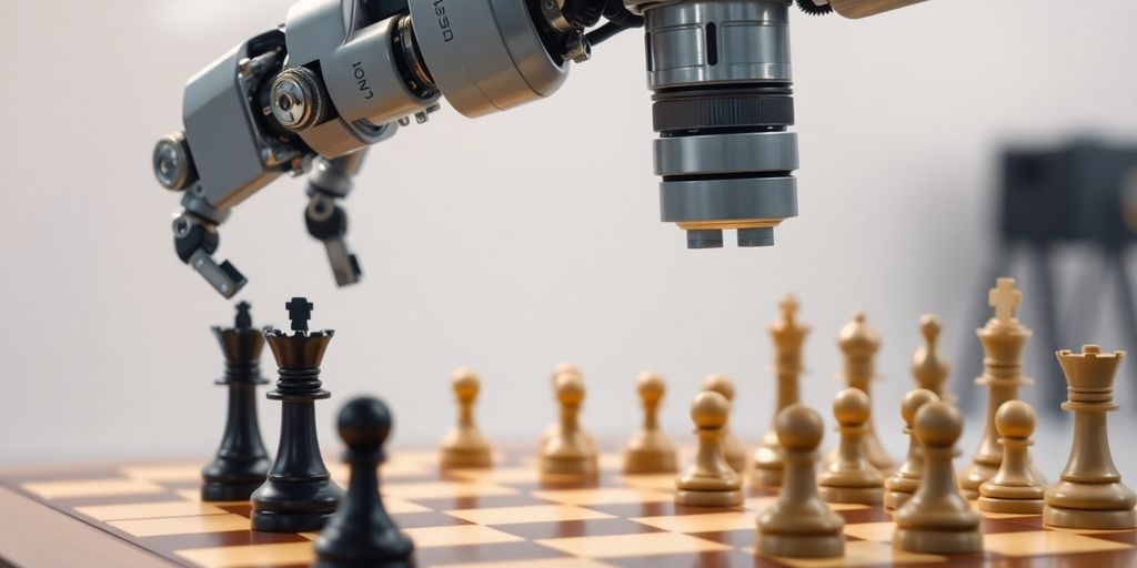 Robot chess player evaluating chessboard moves.