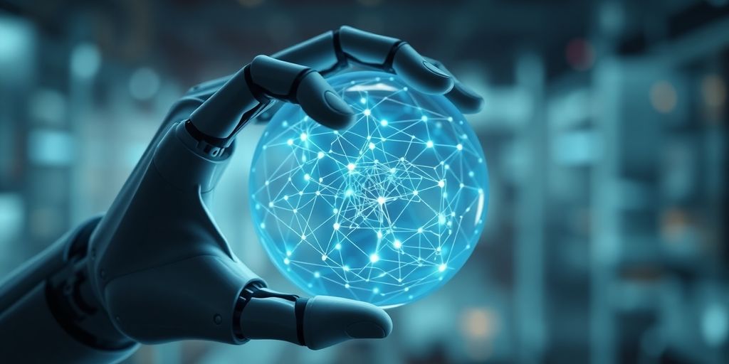 Robot hand holds glowing neural network sphere.