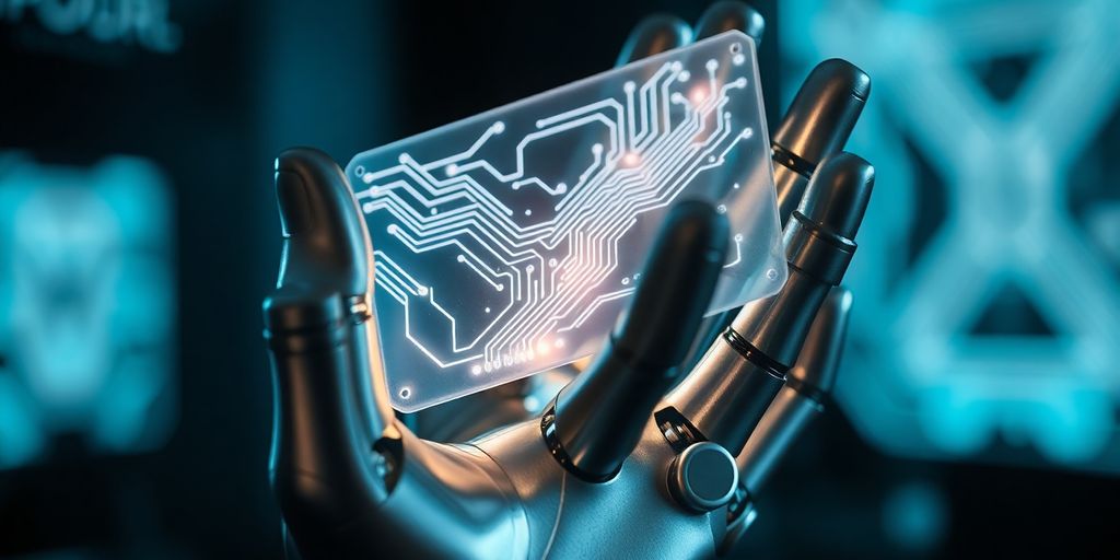 Robot hand holds glowing circuitry.