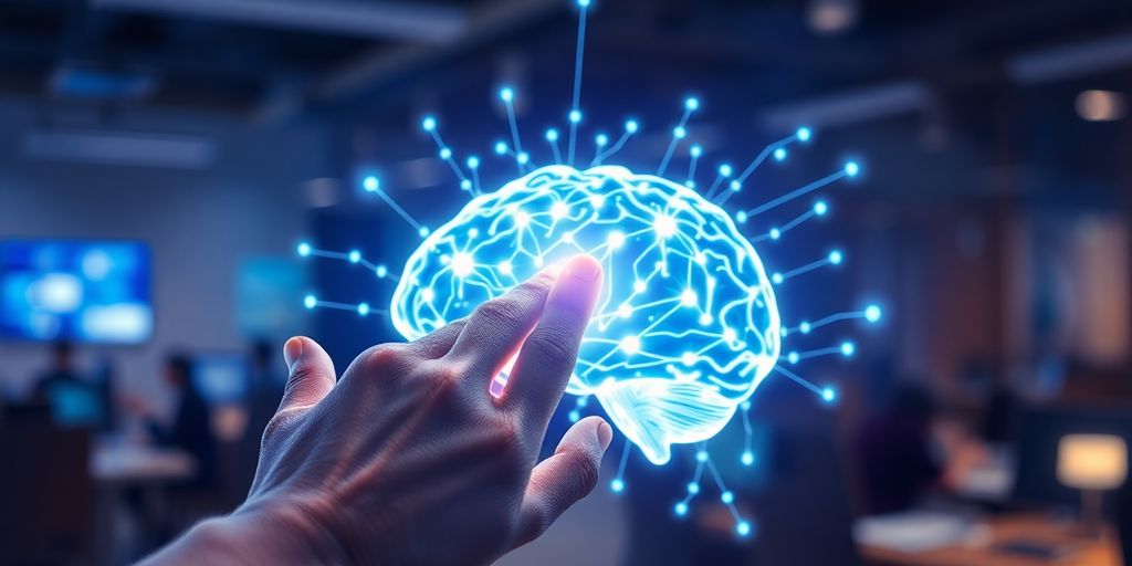 AI assisting person, glowing brain interface.