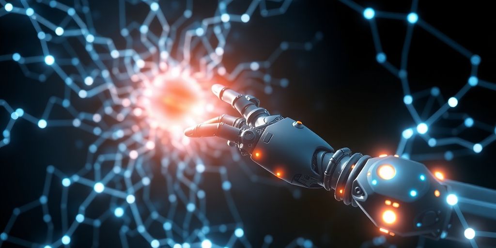Robot navigates complex glowing pathways.