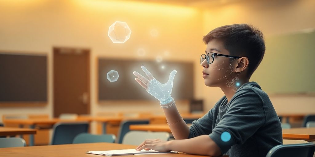 Student interacting with a holographic AI tutor
