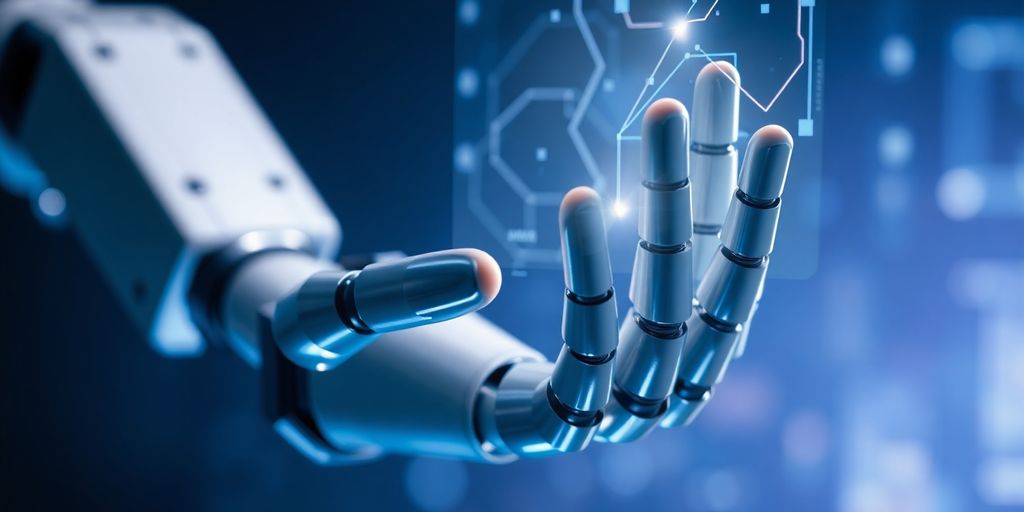 Robotic hand interacting with holographic data.