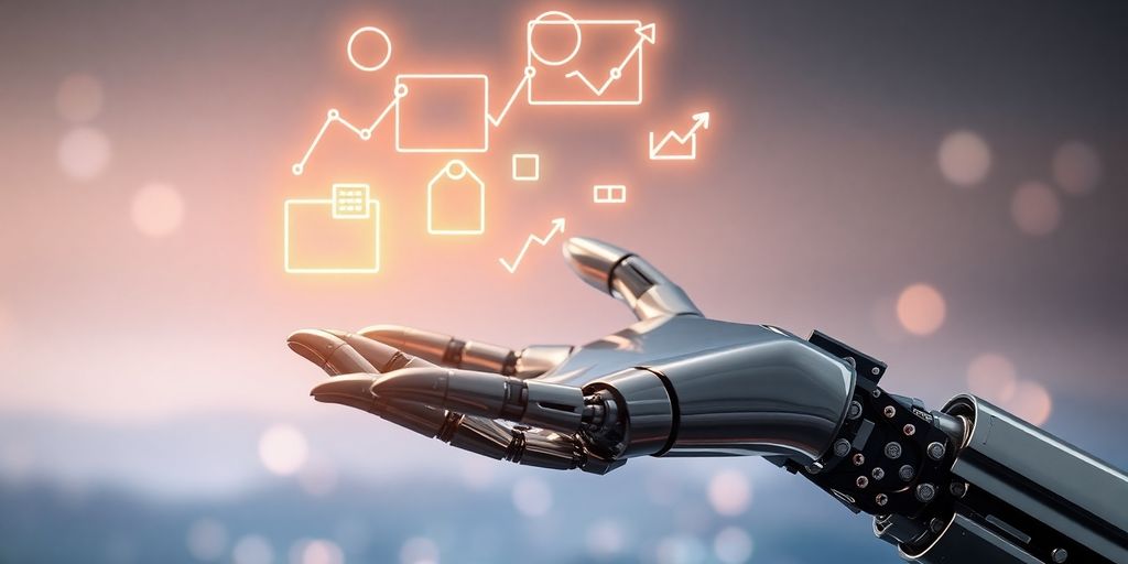 Robot hand interacting with abstract business elements.