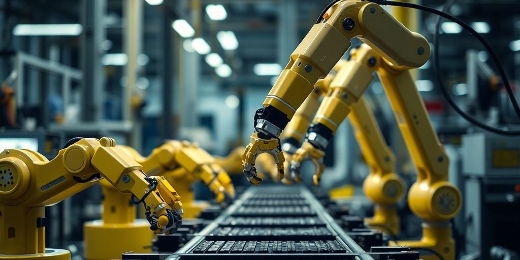 Robot arms streamlining factory production with human oversight.