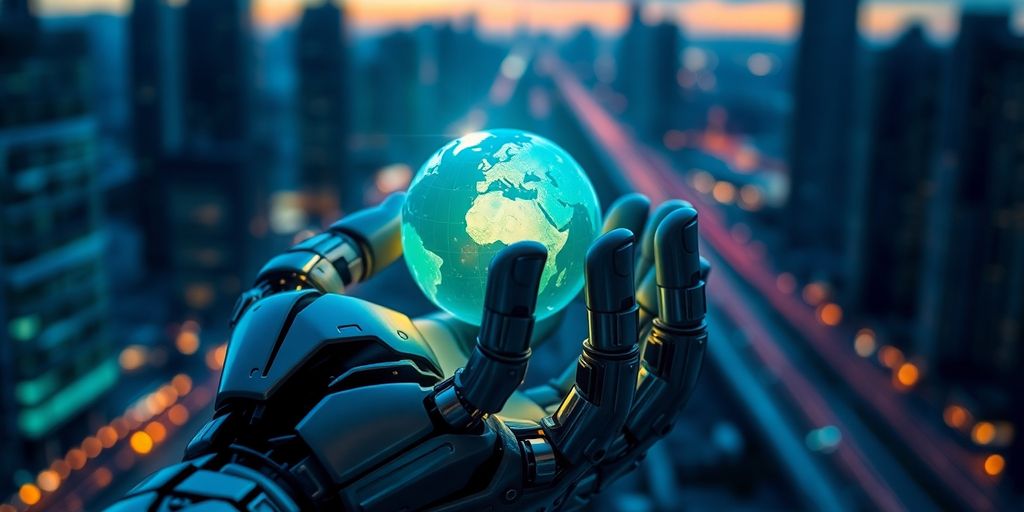 Robotic hand holding glowing holographic Earth