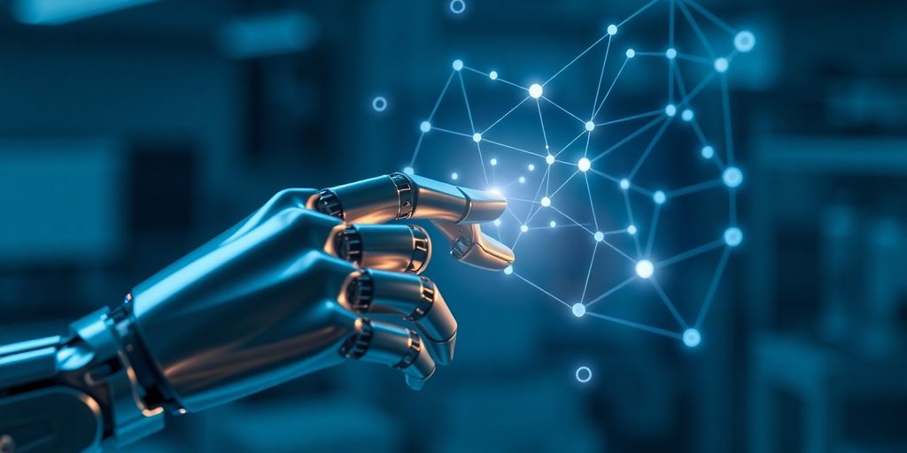 Futuristic robot hand interacting with holographic data.