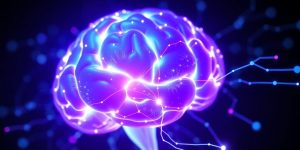 Glowing brain, digital neurons, sleek interface, learning.