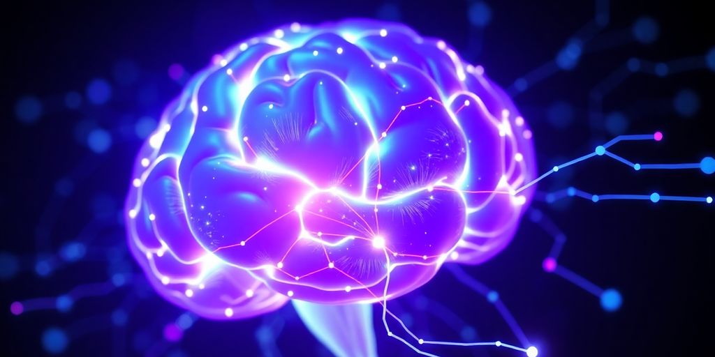 Glowing brain, digital neurons, sleek interface, learning.