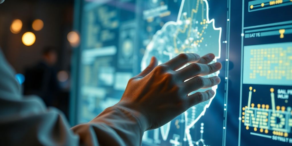 Person organizing data on a large screen with hands.