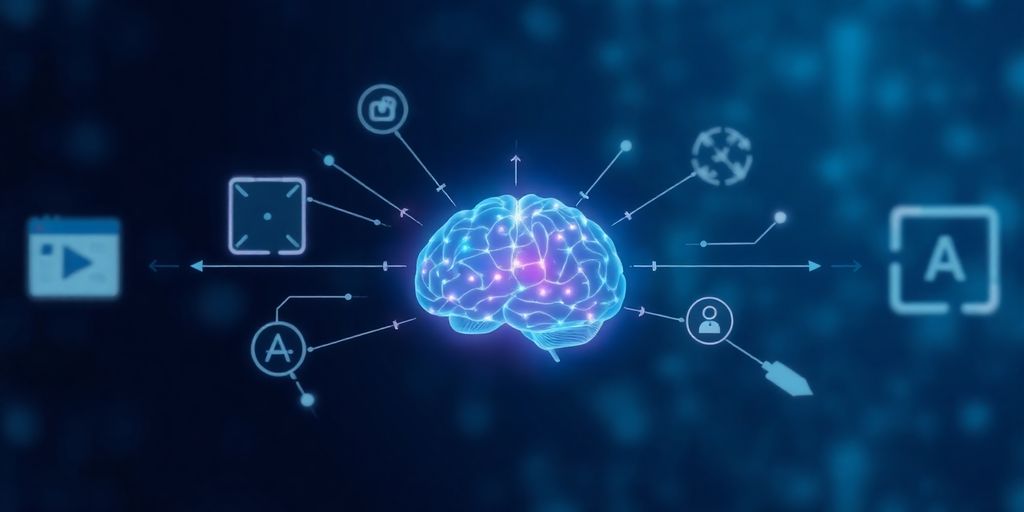 Glowing AI brain with digital tools surrounding it.