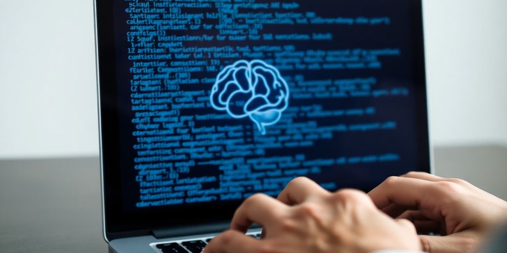 Laptop displaying AI code, glowing blue, with brain overlay.