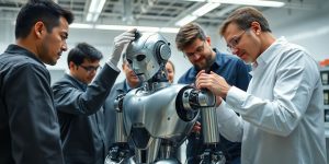 Engineers adjusting humanoid robot components inside a modern high-tech laboratory